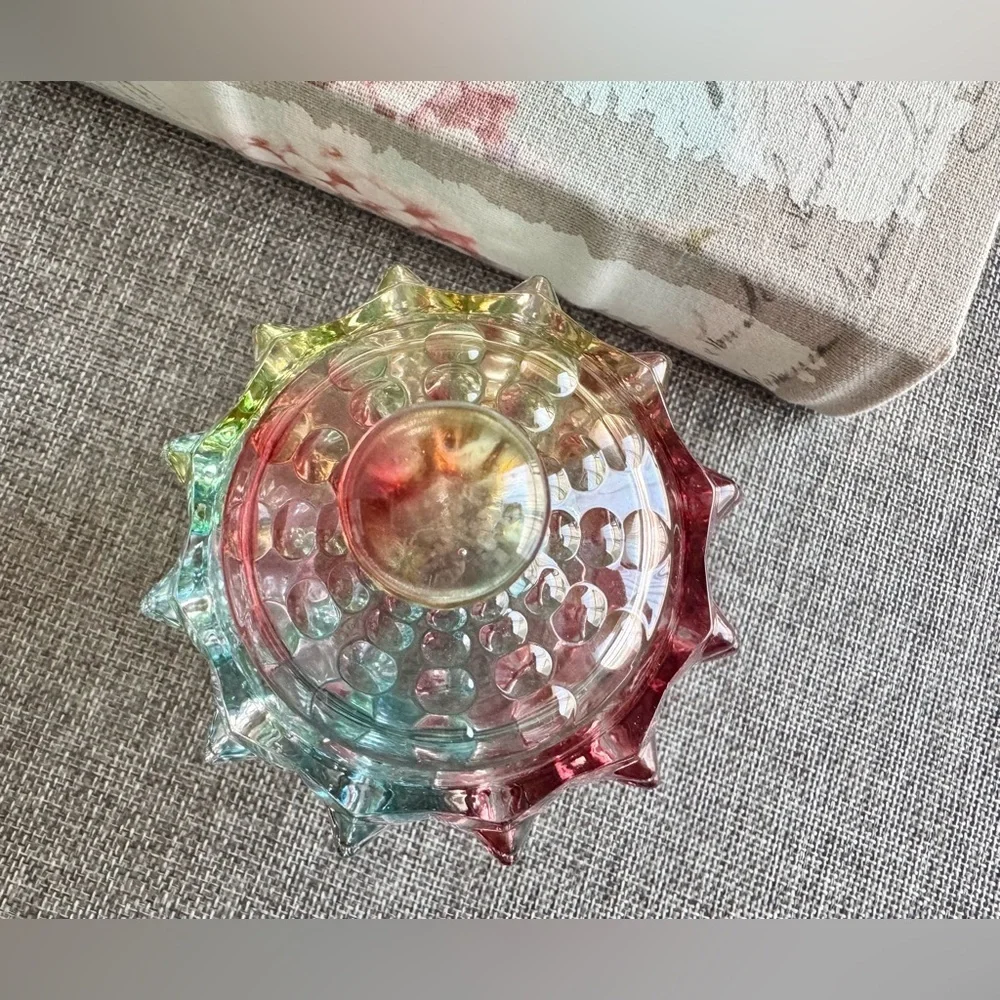 New Rainbow Fluted Knobby Glass Jewelry, Trinket, Candy Dish Decor w/ Lid - 4.5”